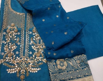 ATHARVA Hand Embroidered Salwar Kameez Navy Blue w/Embroidered  Neck/Banarsi Silk Dupatta/Gota Patti/Custom Stitching/Wedding/Latkans/CH1270