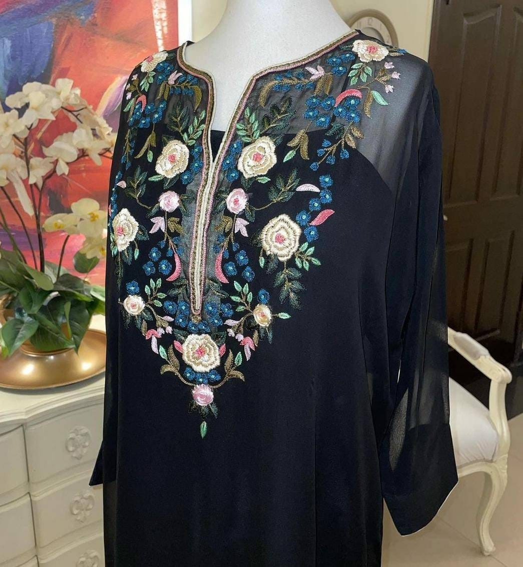 Atharva Hand Embroidery Designer Dress/Elegant/Georgette Shirt/Upada Bottom/Black/Thread Moti Intricate Hand Work/Custom Stitch/Gift/DS1801