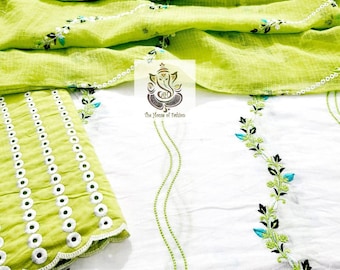 Atharva Embroidery/Beautiful Kota Salwar Kameez/Embroidered Kota Dupatta Green/Cotton Embroidery Shirt White/Chikankari Bottom Green KO324