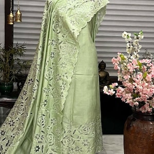 ATHARVA Hand Embroidery Salwar Kameez/Chanderi Cut-Work Shirt & Dupatta/Santoon Bottom/GREEN/Custom Stitch Unstitch/Plazo/Pant/CUT8020K