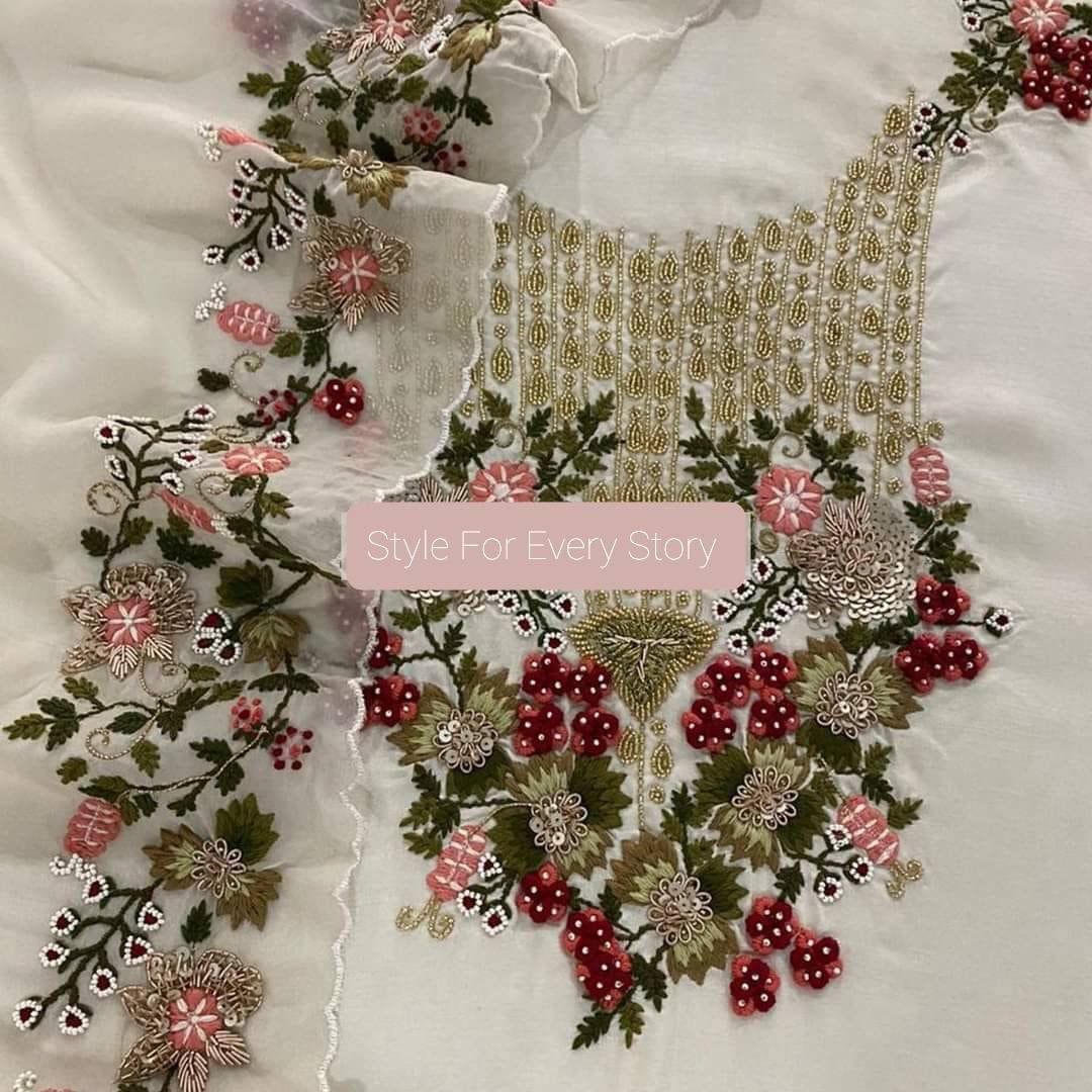 ATHARVA Hand Embroidery Salwar Kameez/Crepe Silk/Cream Off White/Beautiful Kashmiri Embroidery Neck/Crepe Dupata/Custom Stitch/Plazo/CR001