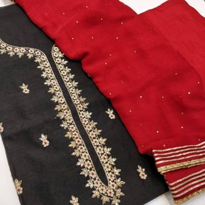 ATHARVA Hand Embroidered Salwar Kameez w/Neck embroidery  in Black Chanderi and Chiffon Dupatta Reds & Gota Border/Bridal Trousseau/CH1241