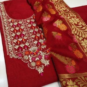ATHARVA Hand Embroidered Salwar Kameez/Neck Embroidery Reds/Banarsi Meenari Dupatta/Tunic Pants/Churridar/Patiala/Anarkali/Plazzo/CH1528