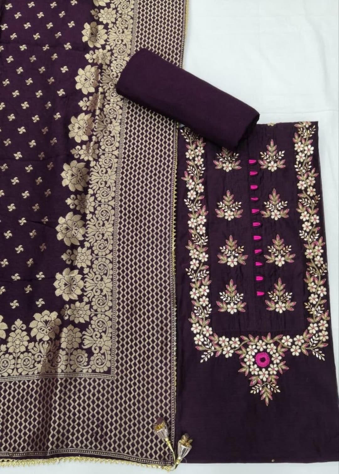 ATHARVA Hand Embroidery Salwar Kamiz/maroon Wine Chanderi Silk/dola ...