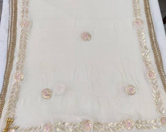 Dupatta india de boda bordada a mano ATHARVA, gasa color crema y blanco roto, con trabajo de gota e hilo rosa, borlas, estola, chal, pareo, chunni, DUP24
