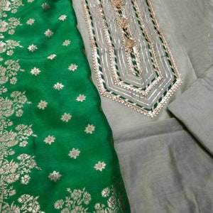 ATHARVA Hand Embroidery Salwar Kameez w/Embroidered Neck Grey/Banarsi Silk Dupatta/Tunic Pants/Patiala Salwar/Churridar/Custom Stitch/CH1455