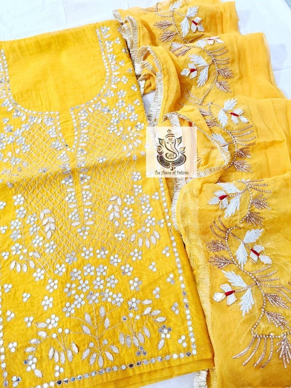 yellow dress material with chiffon dupatta Yellow Chiffon Dress Material with Floral Thread & Sequin Work Qalbi Couture