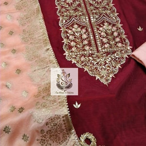 ATHARVA Hand Embroidered Salwar Kameez Maroon w/Embroidered  Neck/Peach Banarsi Silk Dupatta/Gota Patti/Custom Stitch/Wedding/Latkans/CH1271