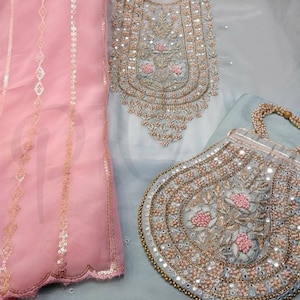 ATHARVA Hand Embroidery Salwar Kameez/Chanderi Sky Blue/Pink Organza Silk Dupatta Sequence Work/Custom Stitch/Embroidery Potli Bag/CH1725