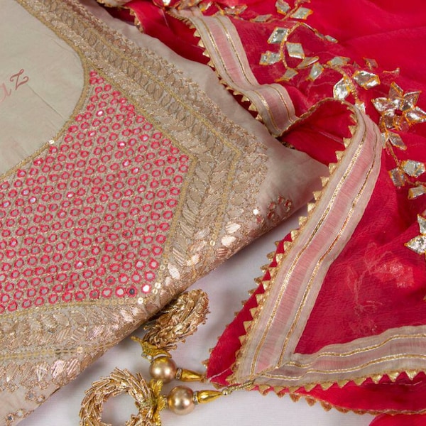 ATHARVA Hand Embroidered Salwar Kameez Beige/Gota Patti Chiffon Dupatta Reds/Custom Stitch Unstitch/Anarkali/Churidar/Plazzo/Patiala/CH1589