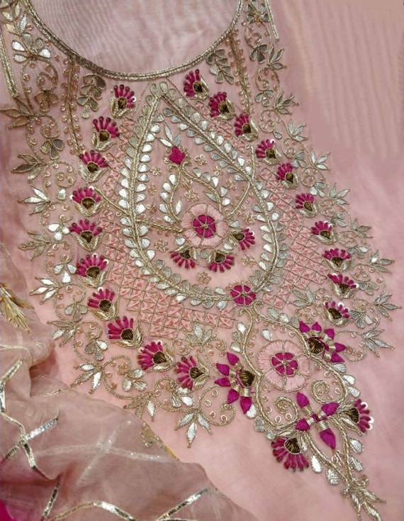 ATHARVA Hand Embroidered Salwar Kameez W embroidery Neck Pink W
