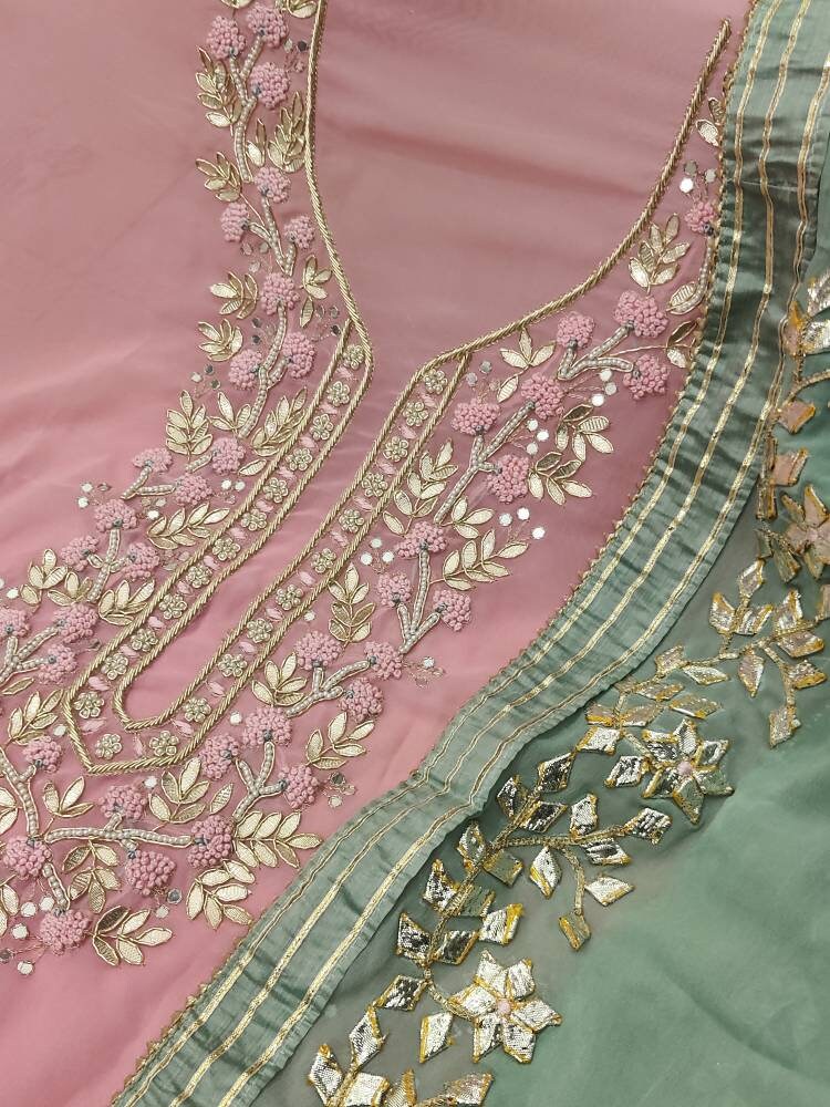 ATHARVA Hand Embroidery Salwar Kameez/Pink Crepe Silk Shirt/Green Gota Patti Chiffon Dupatta/Custom Stitch Unstitch/Anarkali/Gift/CH2102