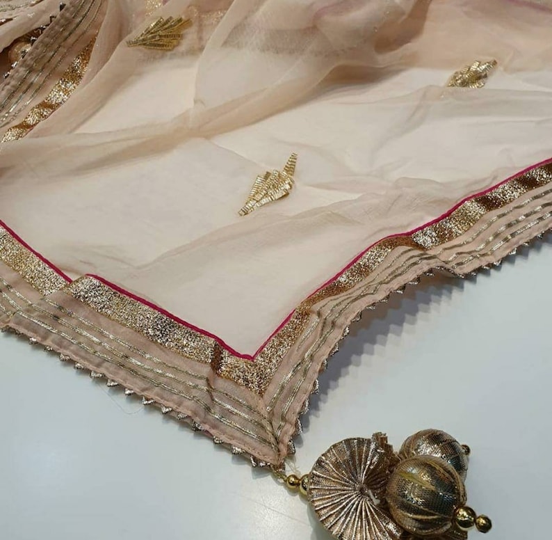 ATHARVA Hand Embroidered Salwar Kameez wEmbroidery Neck Peach wSoft Chiffon Gota DupattaCustom StitchTunicPantsPatiala SalwarCH1549