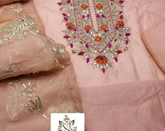 Atharva Hand Embroidered Salwar Kameez  in Peach w/Elegant embroidery Neck w/elegant Gota Pati Dupatta w/Santoon- CH1151