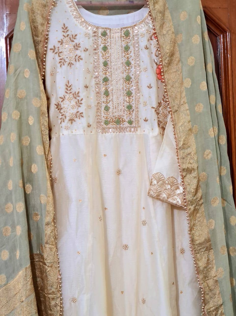 ATHARVA Hand Embroidered Salwar Kameez wEmbroidered Neck in Beige w Banarsi Silk DupattaMaxi Dress Customized StitchingWeddingDS 5001