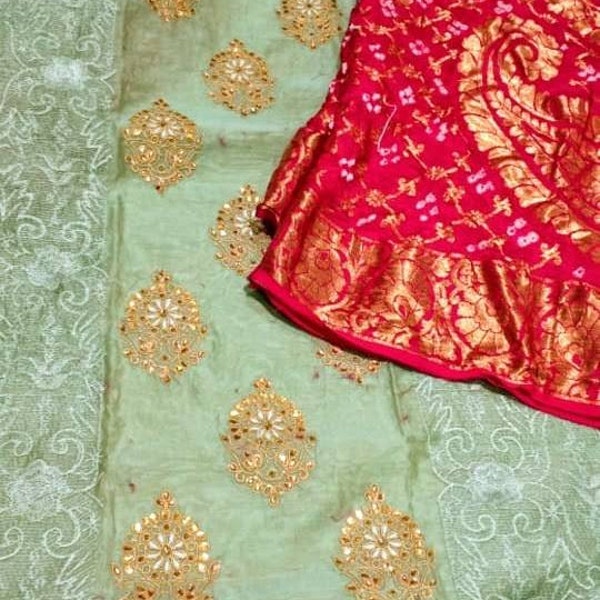 ATHARVA Hand Embroidered Salwar Kameez w/Beautiful All over jaal/Thread work on the side/Green Chanderi w/ Banarsi Bandhani Dupatta/CH1746