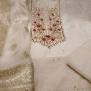 ATHARVA Hand Embroidery Salwar Kameez/Cream Off-White Chanderi Silk/Organza Silk Dupatta/Custom Stitch Unstitch/Anarkali/CH1794