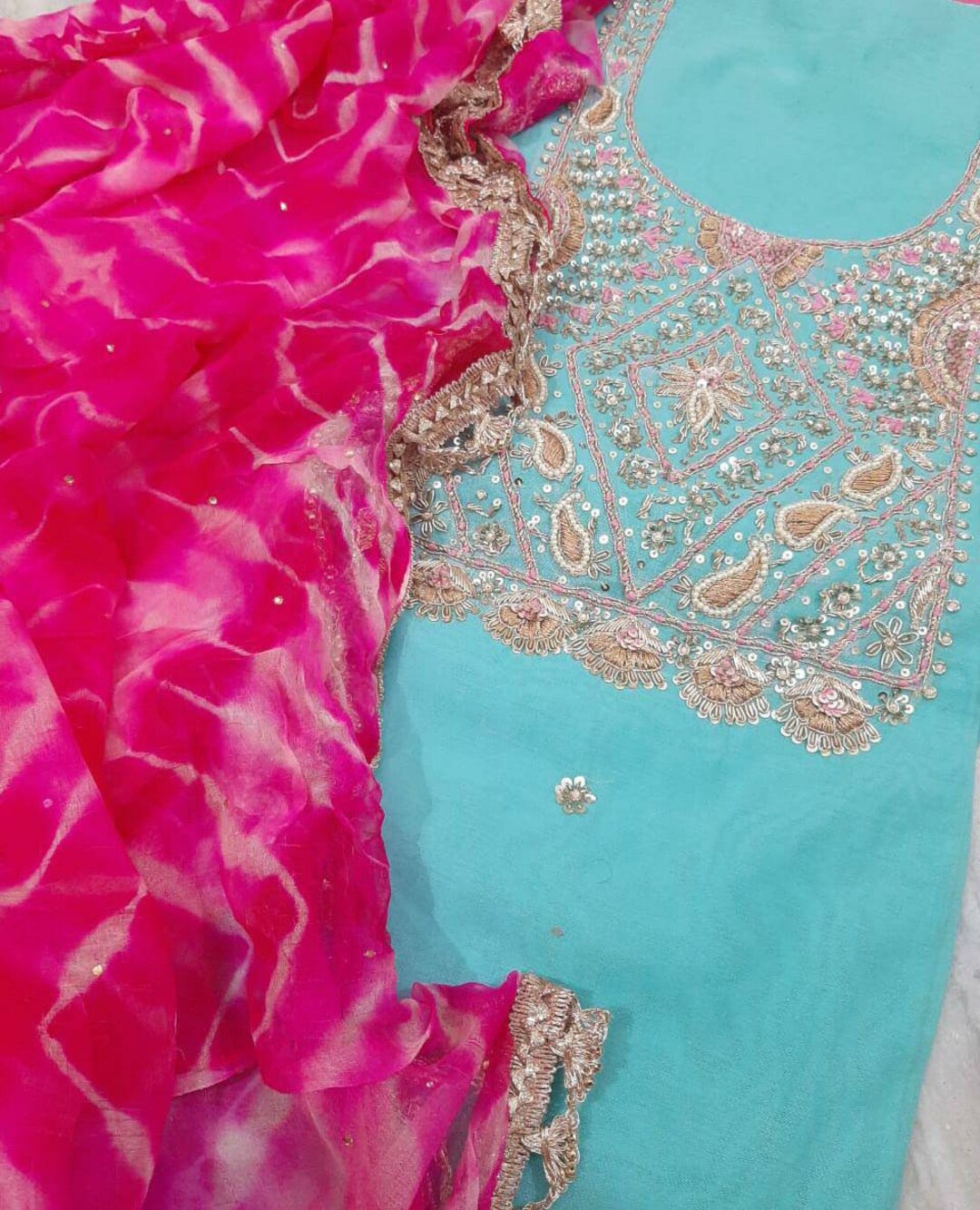 ATHARVA Salwar Kameez W/ Embroidered Neck in Blue/pink Chiffon Dupatta ...