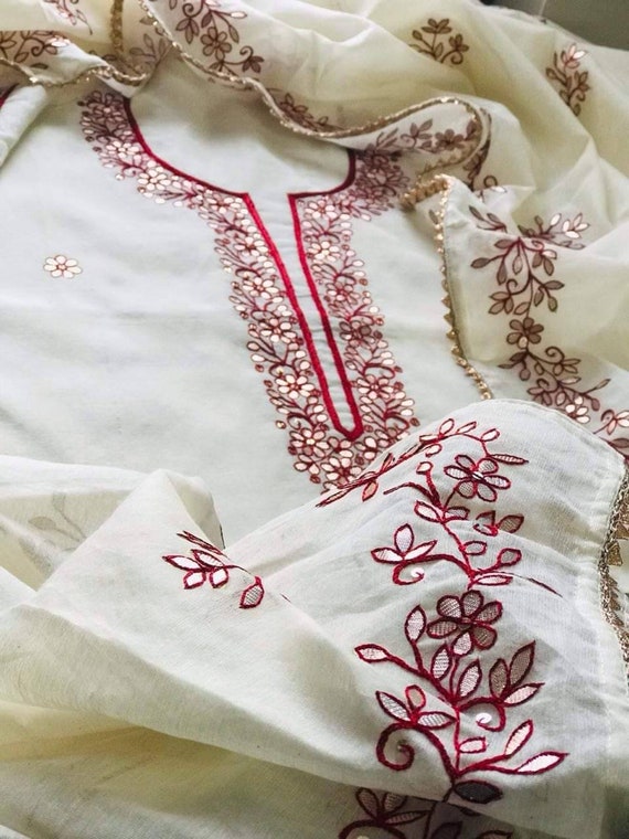 AtharvaHandloom ATHARVA Hand Embroidery Salwar Kameez Pashmina Fabric Cream Off White Kashmiri Embroidery Zari Work Custom Stitch Unstitch Plazo Gift PA201C