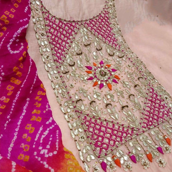 ATHARVA Embroidery Salwar Kameez w/Embroidery Neck Peach w/Banarsi Bandhani Dupatta/Gota Pati/Custom Stitch/Tunic Pant/Patiala Salwar/CH1530