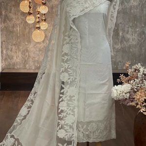 ATHARVA Cut-Work Embroidery Salwar Kameez Dupatta/Cream Off-white Chanderi/Custom Stitch Unstitch/Anarkali/Plazzo/Churridar/Gift/CUT8038
