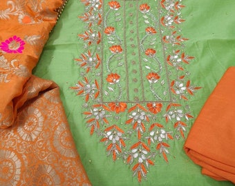 ATHARVA Ricamo a mano Salwar Kameez/Chanderi Seta Verde/Arancione Banarsi Meenakari Dupatta/Gota Patti/Punto personalizzato Unstitch/Patiala/CH2110