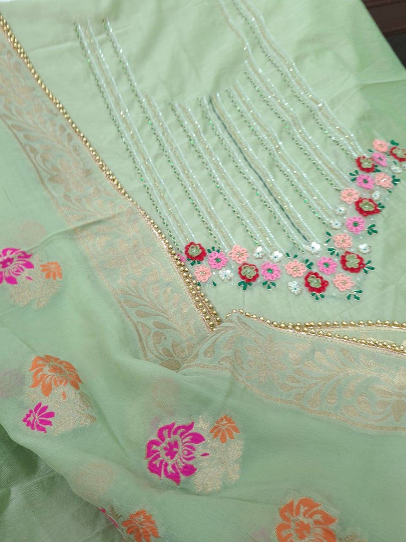 ATHARVA Hand Embroidered Indian Salwar Kameez Pista GreenBanarsi Meenakari DupattaCustom Stitch UnstitchAnarkaliPlazzosGiftCH1592A