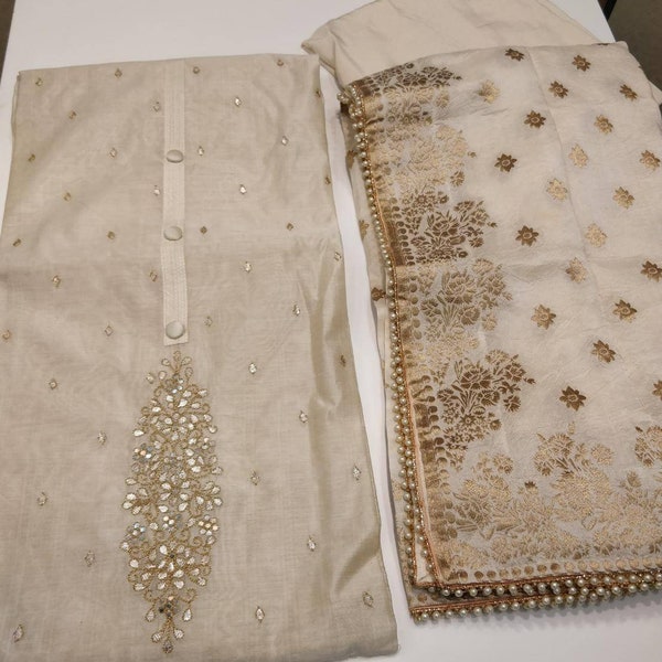 Atharva Hand Embroidered Salwar Kameez w/Beautiful Center Panel jaal & thread on sides in Beige/ Banarsi silk Dupatta. CH1089A