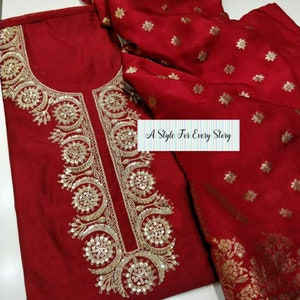 ATHARVA Hand Embroidered Salwar Kameez w/Embroidered Neck in Reds w/Banarsi Silk Dupatta/Bridal/Customized Stitching/Pants/Tunics/CH1448