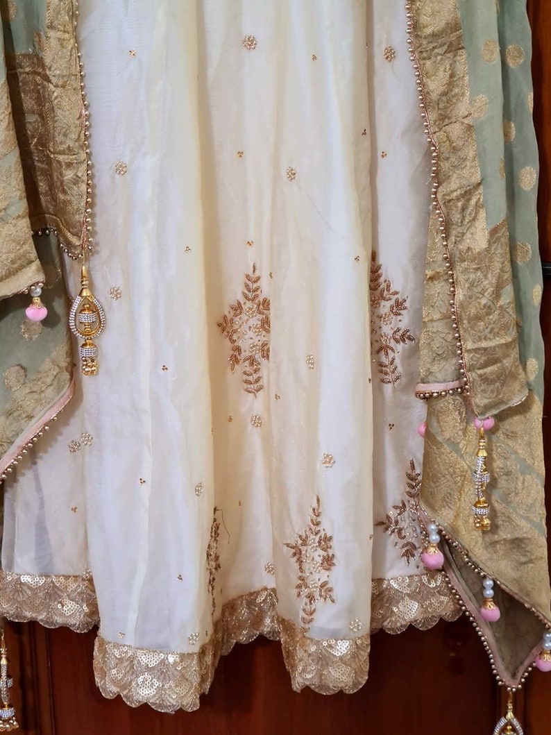 ATHARVA Hand Embroidered Salwar Kameez wEmbroidered Neck in Beige w Banarsi Silk DupattaMaxi Dress Customized StitchingWeddingDS 5001
