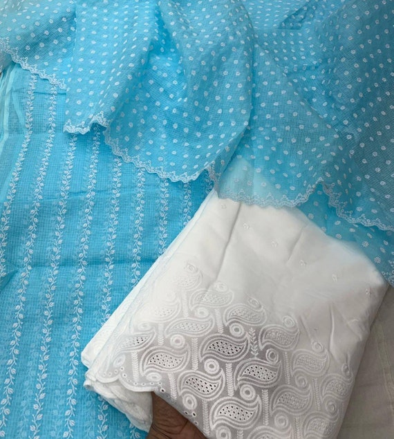 ATHARVA Embroidered Kota Doria Salwar Kameez/Embroidered Kota Dupatta in  Blue/Kotta Embroidery Shirt Blue/Cotton Chikankari Salwar KO501B