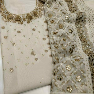 ATHARVA Hand Embroidery Salwar Kameez/Off White Cream Chanderi/Chikankari Sequence Georgette Dupatta/Stitch Unstitch/Churridar/Plazzo/GE9028
