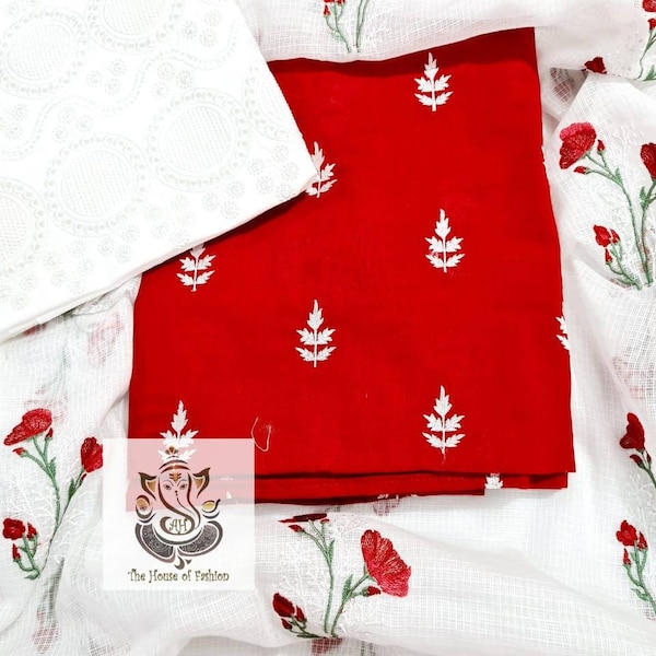 Atharva Embroidered/Kota Salwar Kameez /Embroidered Kota Dupatta White/Cotton Embroidery Shirt Reds/Cotton Chikankari Bottom White - KO307