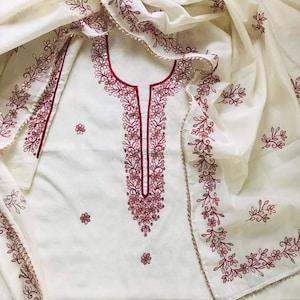ATHARVA Hand Embroidery Salwar Kameez/Pashmina Fabric/Cream Off White/Kashmiri Embroidery Zari Work/Custom Stitch Unstitch/Plazo/Gift/PA201C