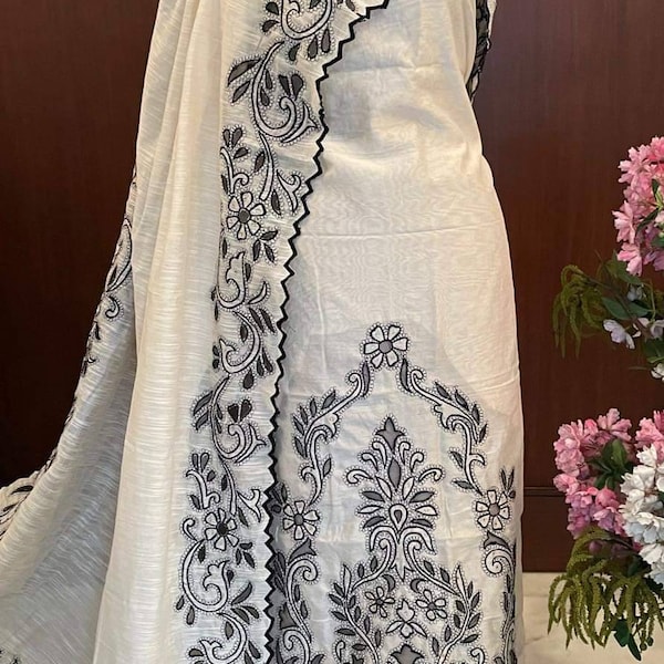 ATHARVA Hand Embroidery Salwar Kameez/Chanderi Cut-Work Shirt & Dupatta/Santoon Bottom/White/Custom Stitch Unstitch/Plazo/Pant/CUT8008