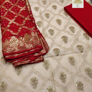 ATHARVA Hand Embroidered Salwar Kameez W/Embroidered Jaal-Beige w/Banarsi  Bandhani Dupatta/Santoon salwar/Custom Stitching/CH1539
