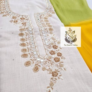 Atharva Hand Embroidery Cotton Khadi Salwar Kameez/Chiffon Tye Dye Dupatta Yellow Green/ Print Salwar/Custom Stitch Unstitch/Gift/CO203