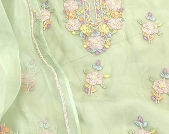 ATHARVA Ricamo a mano Salwar Kameez/Ricamo sul collo 3D/Organza di seta/Verde chiaro/Dupatta ricamato a mano/Punto personalizzato/Churridar/GE9072A