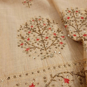 Atharva Hand Embroidered Salwar Kameez w/Panel jaal Embroidery/Thread work Beige/Banarsi silk Dupatta Reds/Custom Stitching/Wedding/CH1780