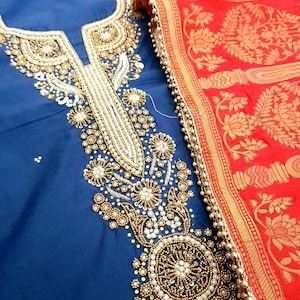 ATHARVA HAND EMBROIDERED Salwar Kameez w/Embroidered Neck in Navy Blue/Banarsi Silk Dupatta Reds/Customized Stitching/Wedding/Bridal/CH1442