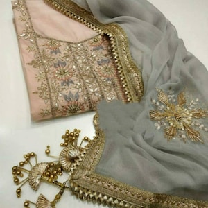 ATHARVA Hand Embroidered Salwar Kameez w/Embroidery Neck Light Pink w/Chiffon Dupatta Pink/Custom Stitch/Tunic/Pants/Patiala Salwar/CH1484