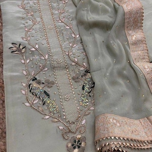 ATHARVA Hand Embroidery Salwar Kameez/Pista Green Crepe Silk/Banarsi Border Chiffon Dupatta/Custom Stitch Unstitch/Anarkali/Plazzo/CH2132C