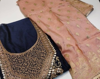 ATHARVA Hand Embroidery Salwar Kameez/Embroidered Neck Navy Blue/Banarsi Silk Dupatta/Custom Stitch Unstitch/Wedding/Gota Patti/Gift/CH1626