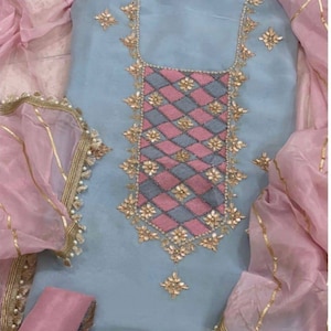 ATHARVA Hand Embroidered Salwar Kameez/blue Chanderi Shirt/pink Gota ...