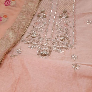 ATHARVA Hand Embroidered Salwar Kameez/ Beautiful Embroidered Neck  Peach w/Elegant Meenakari Banarsi Silk Dupatta/Bridal Trousseau- CH1622