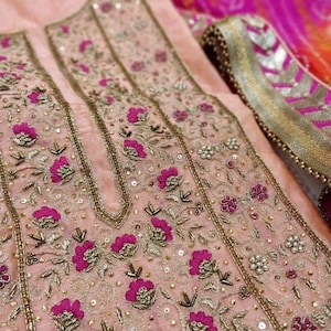 ATHARVA Hand Embroidered Salwar Kameez in Pink w/Neck Embroidery w/Jaipuri Bandhani Print Dupatta/Custom Stitching/Wedding/Punjabi/CH1414