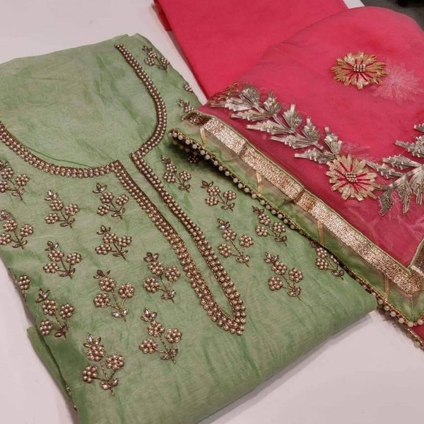 Atharva Hand Embroidered/indian Salwar Kameez/Bridal Wear/Green  Designer/Wedding/Punjabi/Custom Stitching/Unstitched/Gota Pati Dabka/CH1055