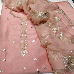 ATHARVA Hand Embroidered Salwar Kameez/ Beautiful Embroidered Neck & Jaal in Pink Chanderi w/Elegant Gota Patti Work Dupatta/Santoon- CH1116