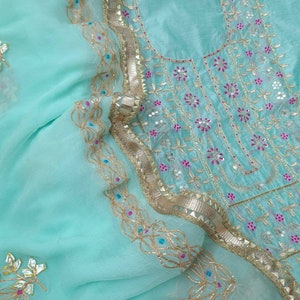 ATHARVA Hand Embroidery Salwar Kameez /Neck Embroidery Shirt Blue Feroze/Gota Patti Chiffon Dupatta/Custom Stitch Unstitch/Gift/Plazo/CH1645
