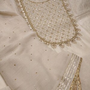 Atharva Embroidered Salwar Kameez w/Beautiful Embroidered Neck in Beige Chanderi w/Chiffon Dupatta w/Stones And Gota Patti Border CH1049